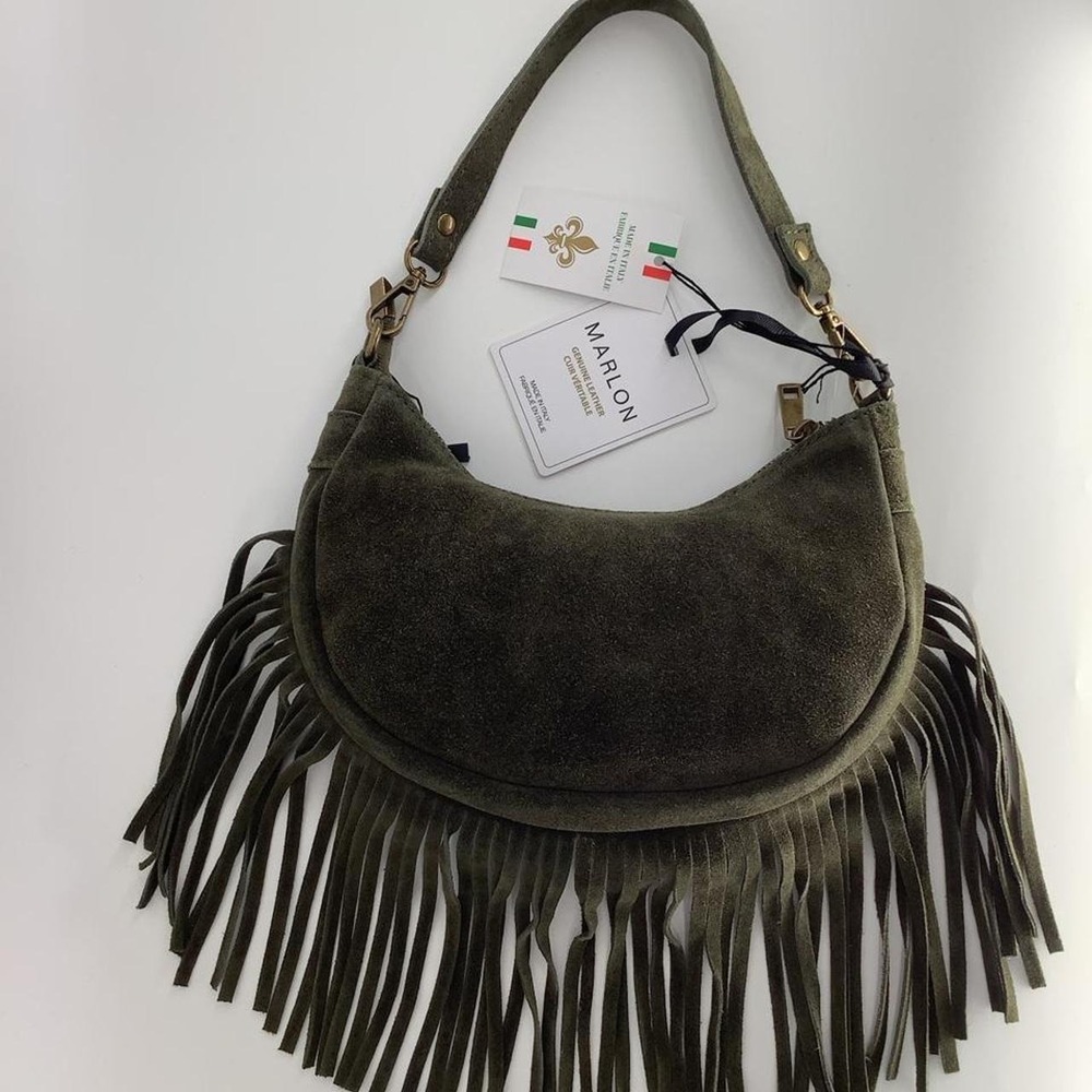 Marlon Firenze Olive Green Genuine Suede Fringe Hobo Shoulder Bag Italy NEW